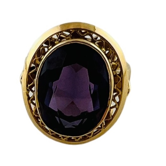 18K Yellow Gold Lab Created Oval Purple Sapphire Ring Size 7.25 #15673 - Picture 1 of 10